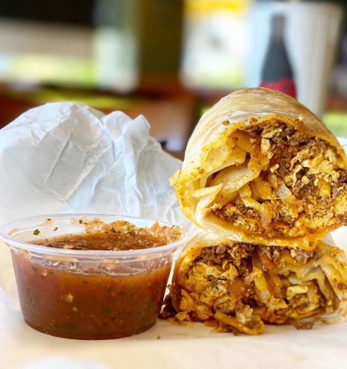 Breakfast burrito with salsa at John's